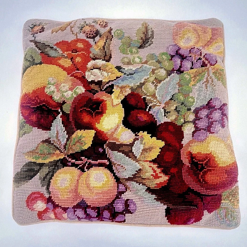 Vintage Needlepoint Pillow Tapestry Throw Pillow Floral Fruit Stitched